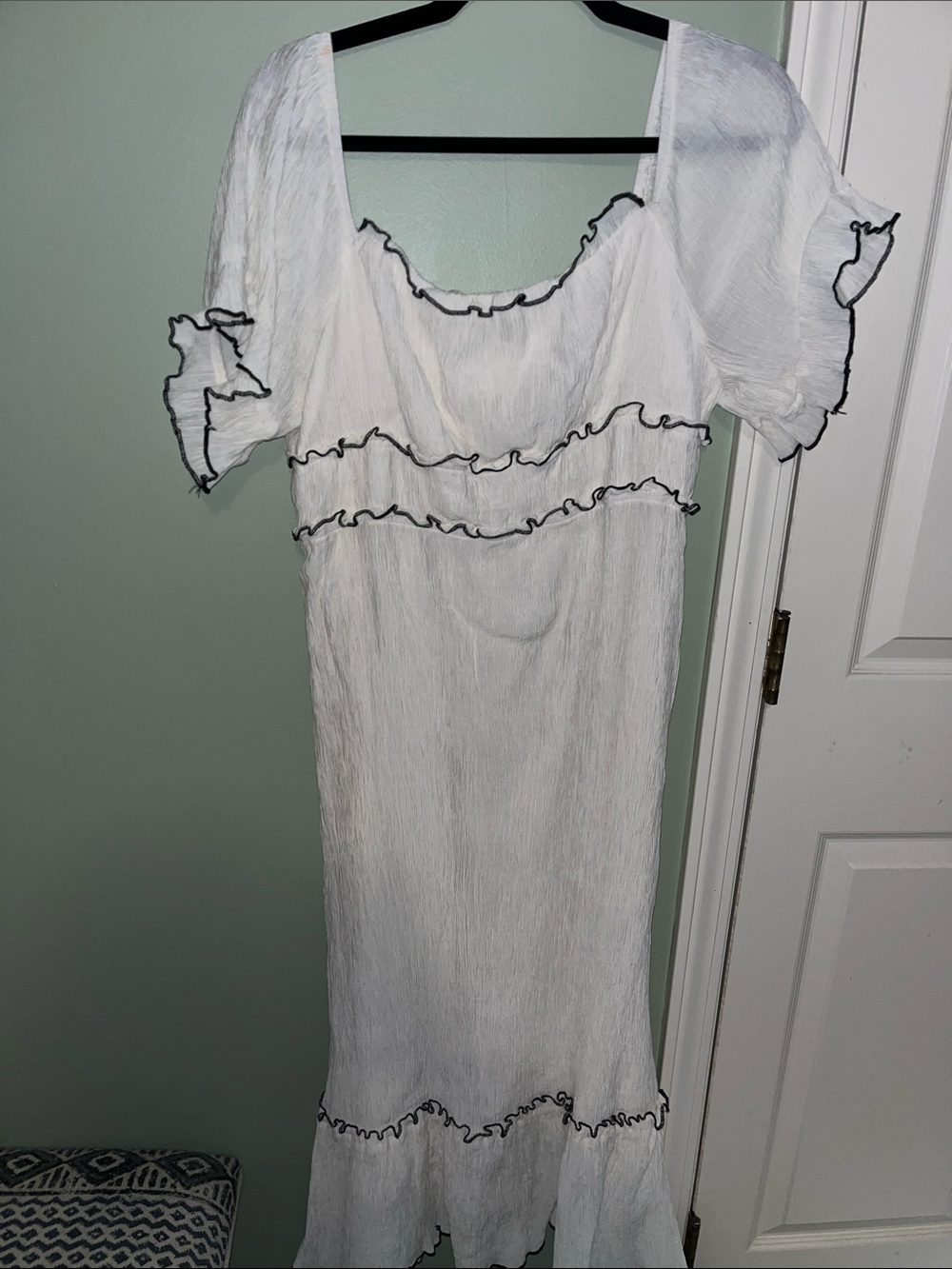White Midi Dress with Black Trim - Elegant Ruffle Detail
